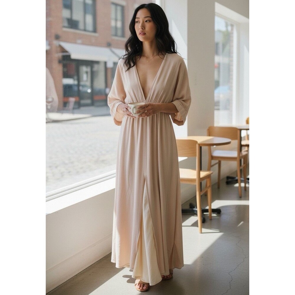 Girl and the Sun Maxi Dress Small Deep V Empire Waist Boho Resort sand color